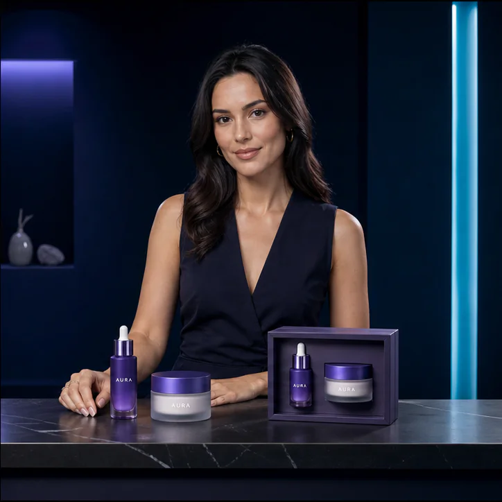 Creatorin präsentiert AURA-Produkte in einer Live-Shopping-Sendung